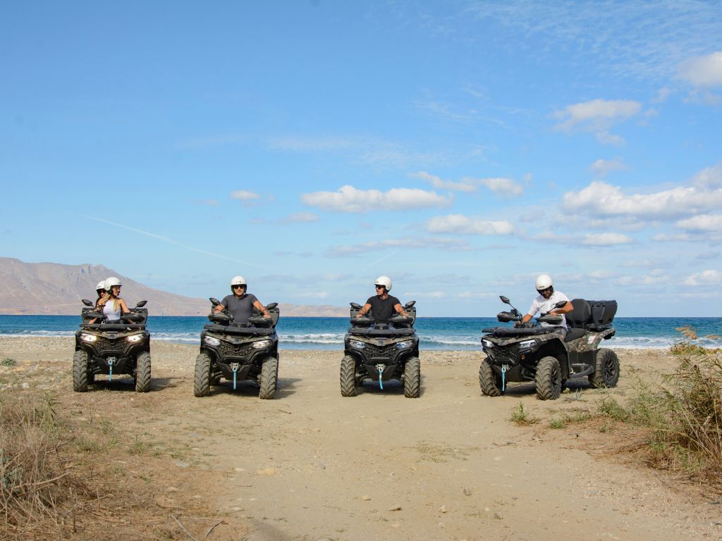 Private group enjoying a quad safari by the sea in Chania, Crete